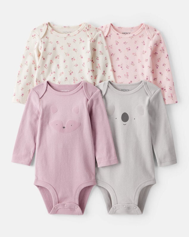 Product image 1 of Baby Girl 4-Pack Koala Print Cotton Long-Sleeve Multipack Bodysuits - Purple/White/Pink