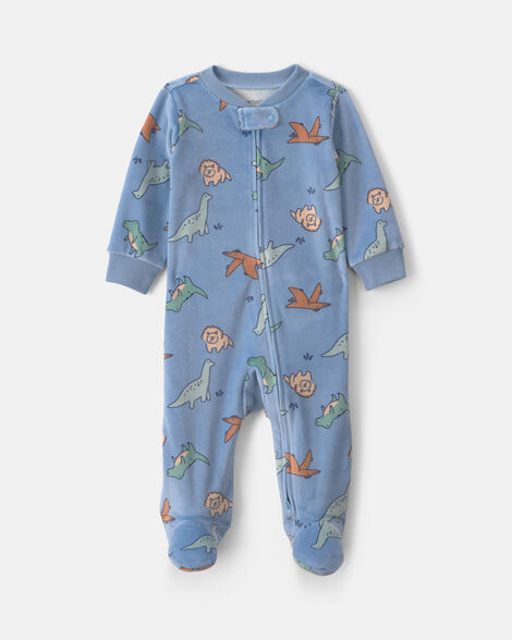 baby boy dinosaur 2-way zip dreamplush sleep & play pajamas - blue