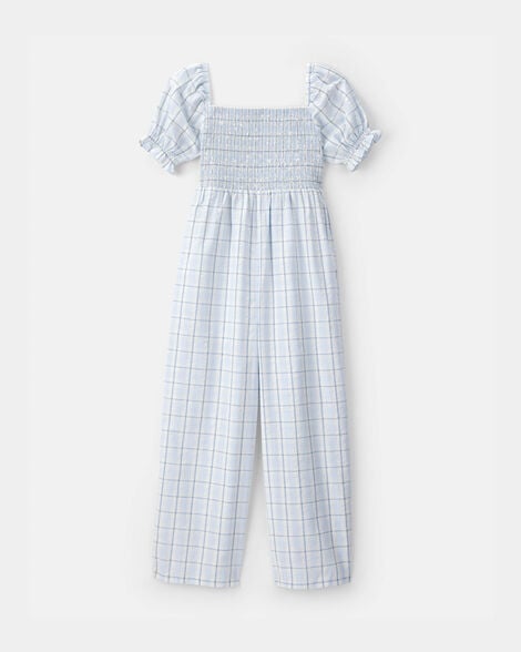 girls plaid smocked jumpsuit - blue
