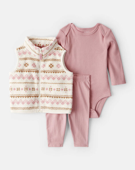 baby girl 3-piece fair isle sherpa vest outfit set - pink