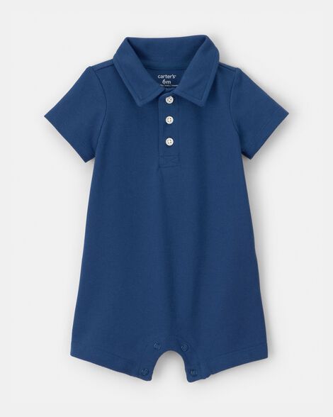 baby boy pique polo short-sleeve romper - navy blue