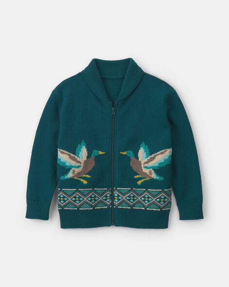 Boys Duck Fair Isle Baggy Cardigan Sweater - Green