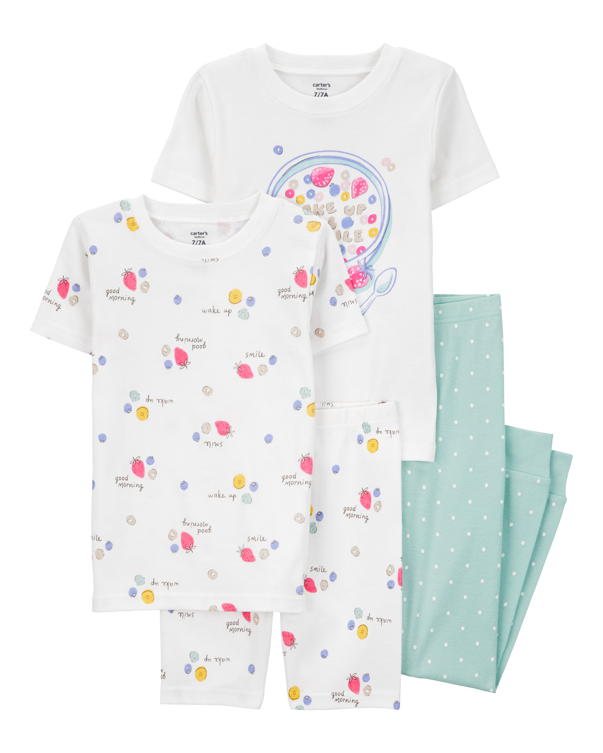 Kid 4-Piece Breakfast Cereal 100% Snug Fit Cotton Pajamas - Turquoise/White