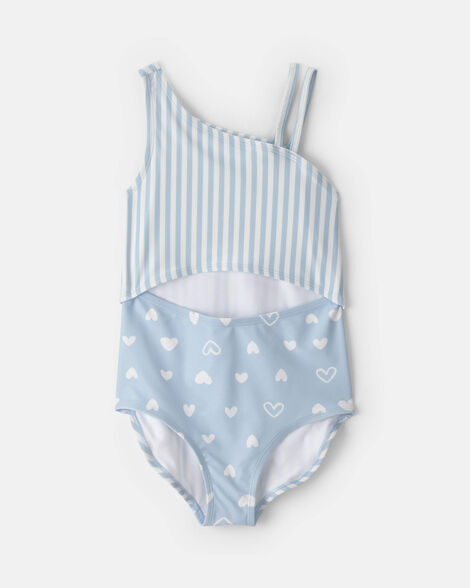 girls heart striped 1-piece swimsuit - blue