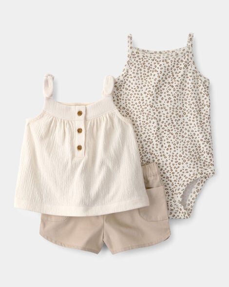 baby girl 3-piece cheetah top, bodysuit & short set - khaki/ivory