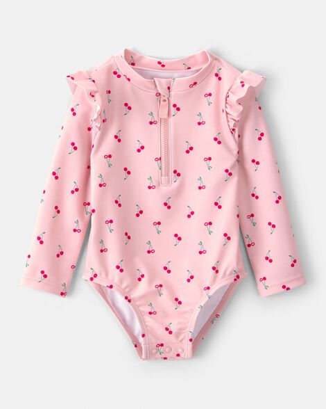 baby girl cherry long-sleeve 1-piece rashguard swimsuit - pink