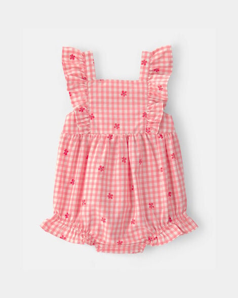 baby girl gingham flower romper - pink
