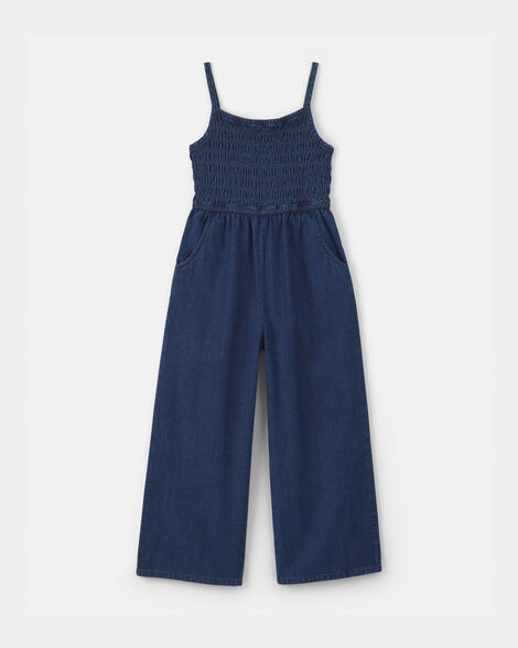 Girls Smocked Denim Wide-Leg Jumpsuit - Dark Wash
