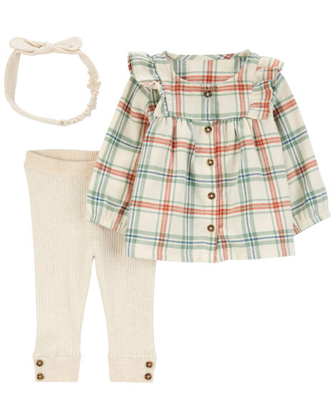  Product image 1 of Baby 3-Piece Plaid Flannel Top & Ribbed Legging Set