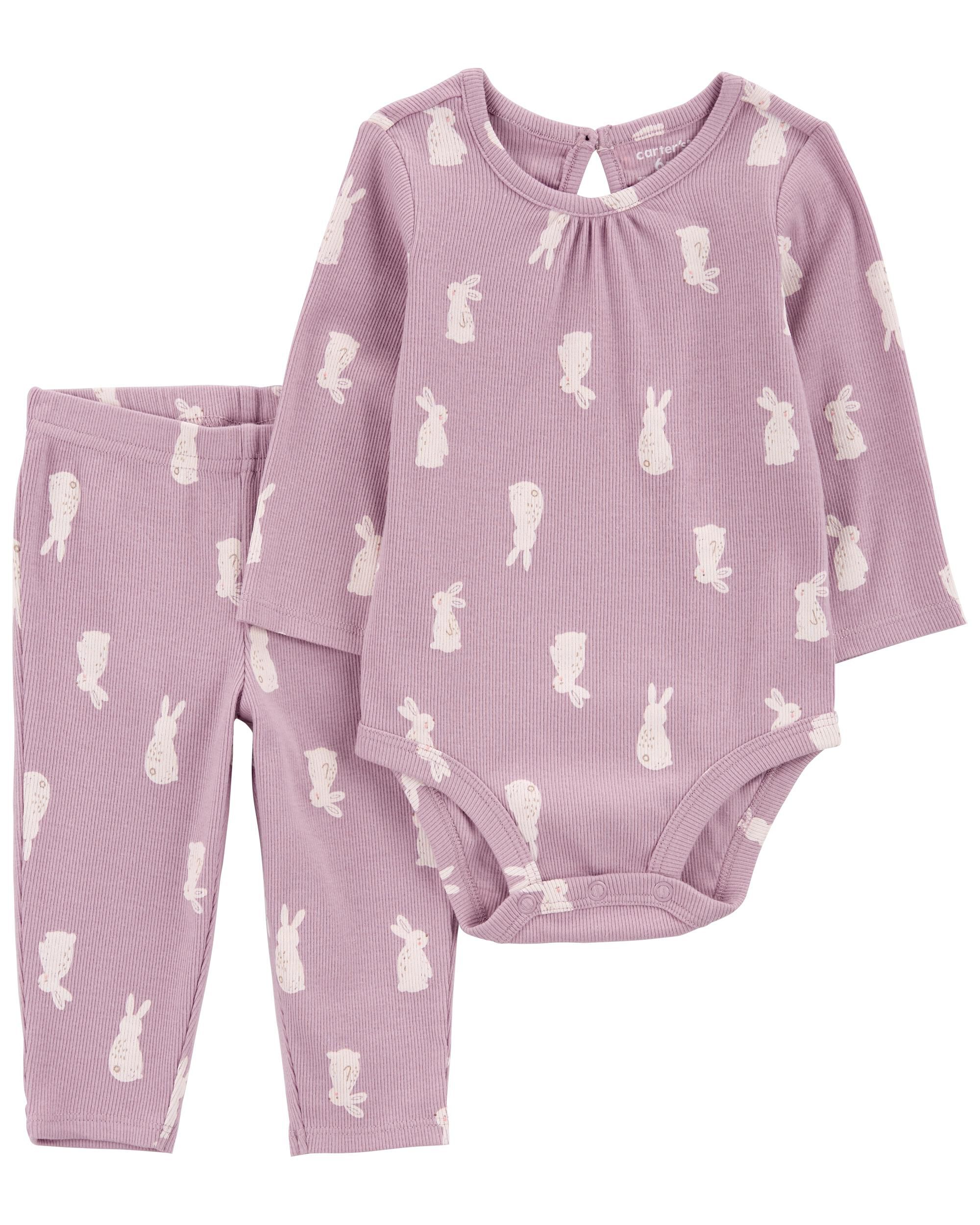 Carter's Baby Girls 2-Piece Bunny Print Bodysuit Pant Set 12M Purple