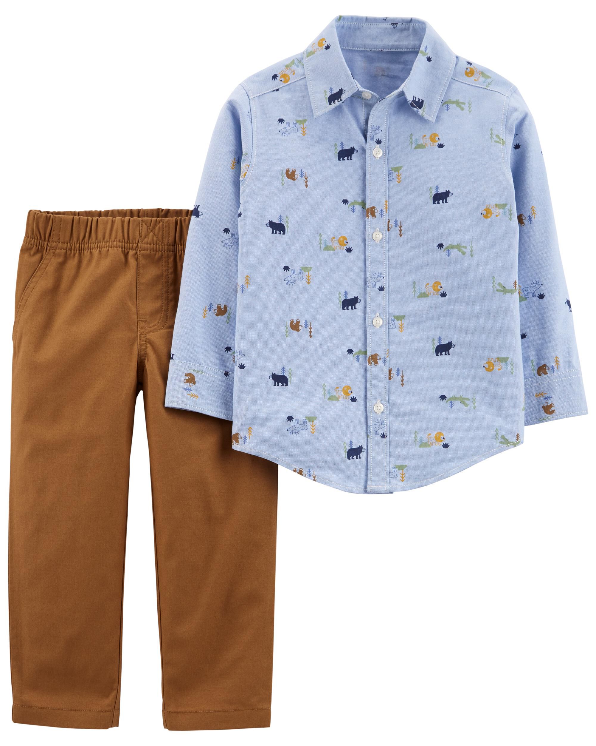 2-Piece Plaid Button-Front Shirt & Pant Set