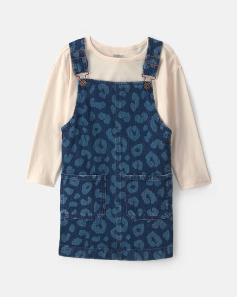 Toddler Girl 2-Piece Leopard Long-Sleeve Overall Set - Dark Wash