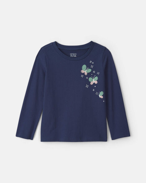toddler girl butterfly floral long-sleeve graphic tee - navy blue