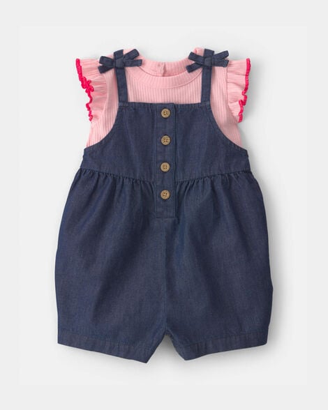 baby girl 2-piece chambray romper set - pink/blue