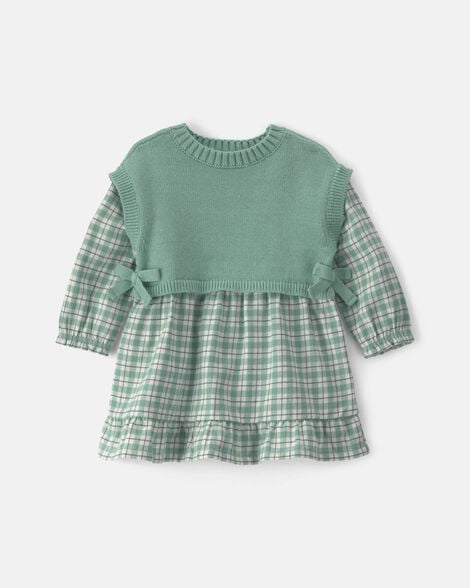 baby girl 2-piece checkered flannel long-sleeve dress - green