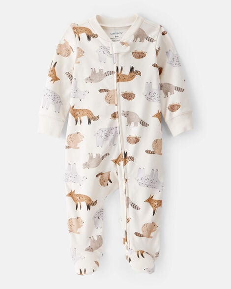 baby boy fox print 100% cotton long-sleeve sleep & play pajamas - ivory