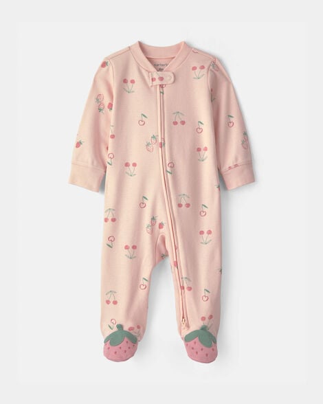 Image of Baby Girl Strawberry 100% Cotton 2-Way Zip Sleep & Play Pajamas - Pink