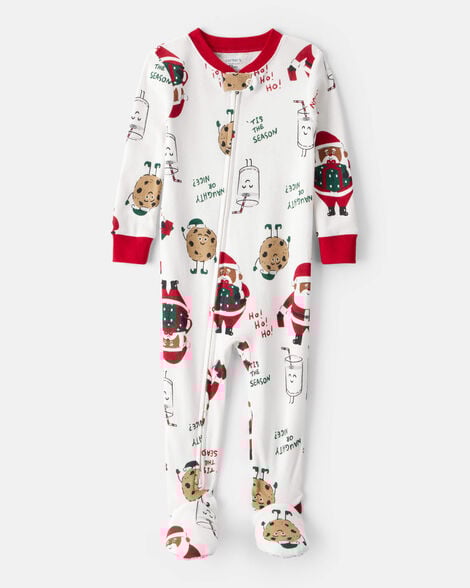 toddler brown santa milk & cookies 100% cotton long-sleeve snug fit 1-piece pajamas - white