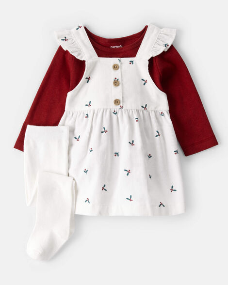 baby girl 3-piece holly print long-sleeve dress set - white