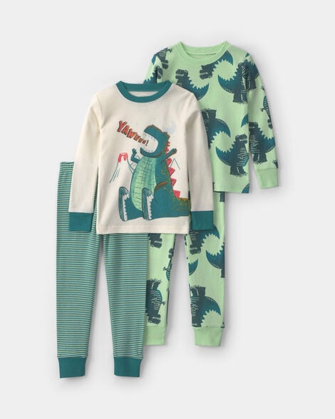 baby boy 4-piece dino striped 100% cotton snug fit pajama set - green
