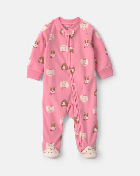 baby girl dog fleece 2-way zip sleep & play pajamas - pink