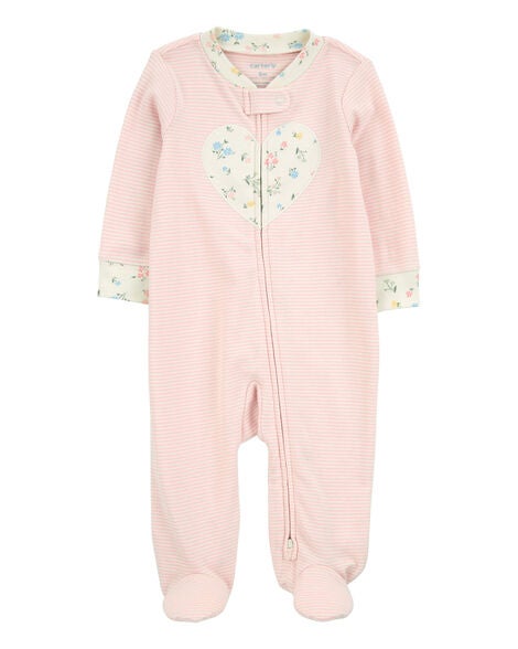  Product image 1 of Baby Heart Striped 2-Way Zip Cotton Sleep & Play Pajamas - Pink