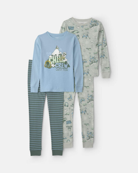 boys yeti winter mode 100% cotton 4-piece pajama set - blue/grey