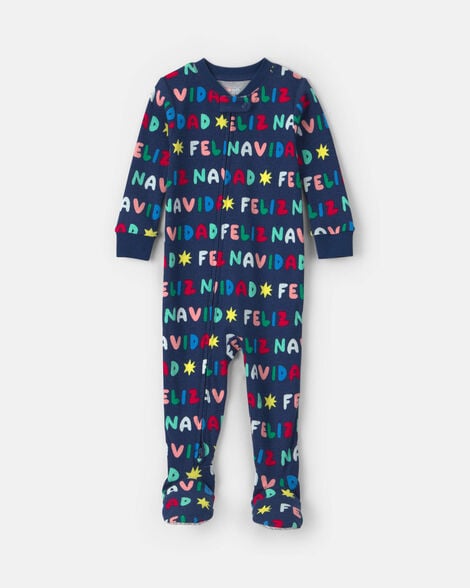 baby 1-piece 'feliz navidad' christmas 100% cotton snug fit footed pajama - navy blue