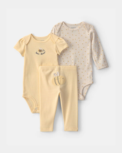 baby girl 3-piece bee bodysuit & pant set - yellow/ivory