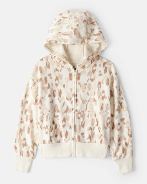Girls  DayDream Fleece Leopard Print Hooded Zip-Up Jacket - Cream