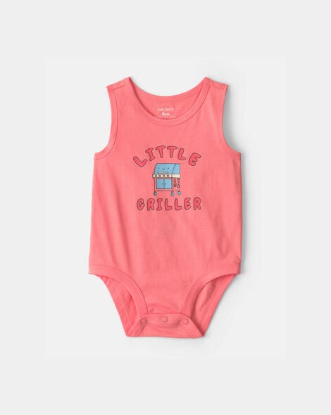 baby boy 'little griller' sleeveless graphic bodysuit - coral