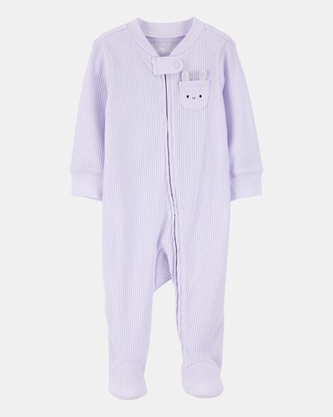baby girl bunny 2-way zip ribbed sleep & play pajamas - purple