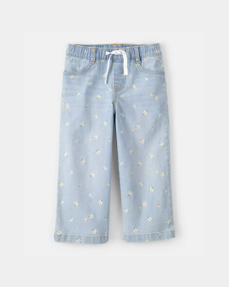 Toddler Girl Floral Drawstring Wide-Leg Jeans - Light Wash