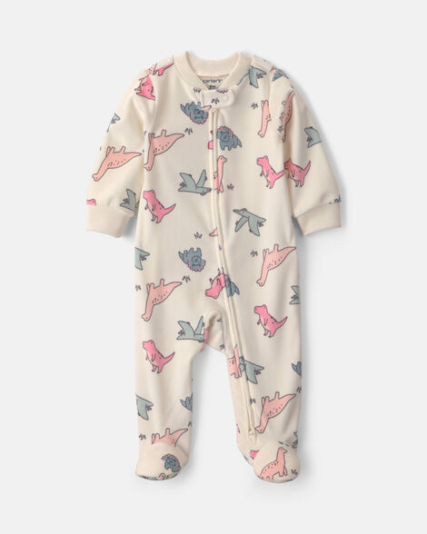 baby girl dinosaur fleece 2-way zip sleep & play pajamas - cream