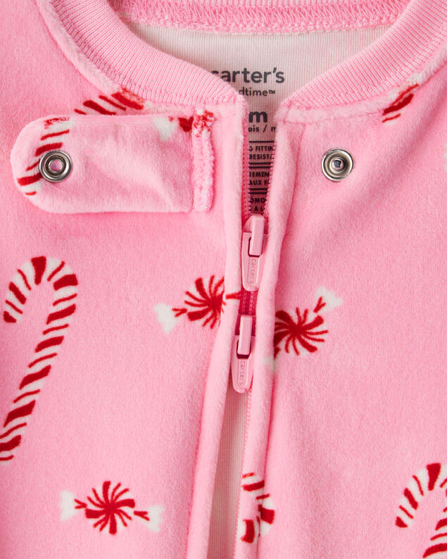 Product image 2 of Baby Girl Peppermint Print Velour Long-Sleeve Snug Fit 1-Piece Pajamas - Pink