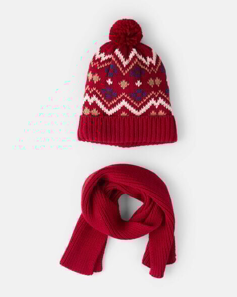 boys 2-piece fair isle winter hat & scarf - red