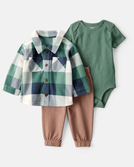 baby boy 3-piece plaid little jacket set - green/brown
