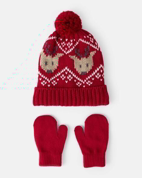 toddler boy 2-pack reindeer fair isle winter hat & mittens - red