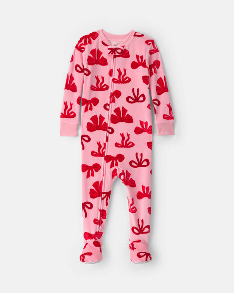 toddler girl 1-piece bows dreamplush snug fit footed pajama - pink