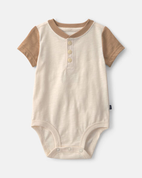 Baby Boy Henley Short-Sleeve Bodysuit - Cream/Brown