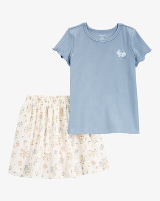 Product image 1 of Kid 2-Piece Bunny Floral Skort Outfit Set - Blue/Ivory