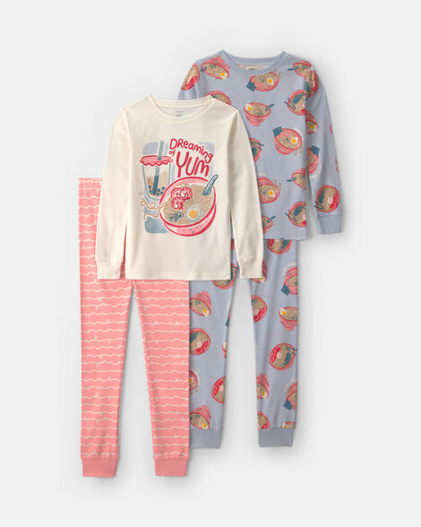 girls 4-piece ramen 100% cotton snug fit pajama set - blue/pink