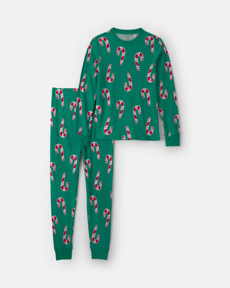 adult candy cane christmas thermal snug fit 2-piece pajama set - green