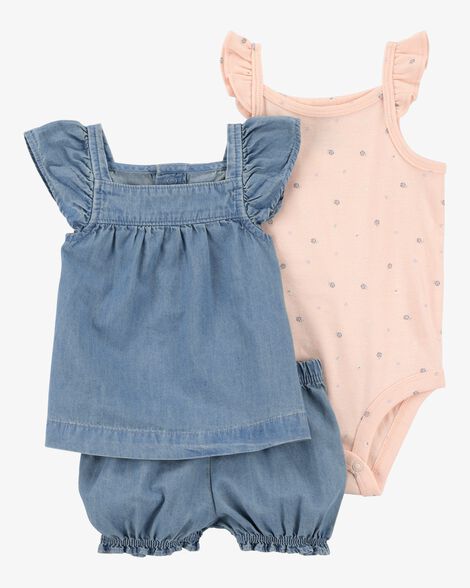  Product image 1 of Baby 3-Piece Chambray Outfit Set - Chambray/Pink