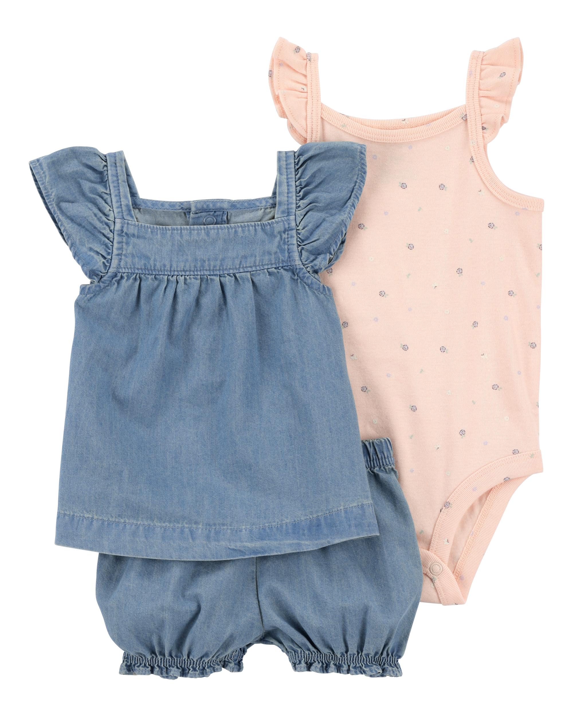 Baby Girl 3-Piece Chambray Outfit Set - Chambray/Pink