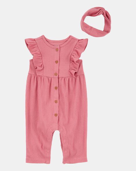 baby girl 2-piece solid flutter-sleeve relaxed fit jumpsuit & headwrap outfit set - pink