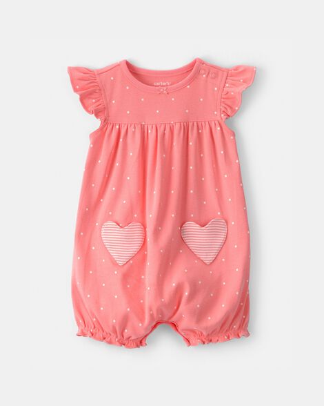 baby girl heart pocket short-sleeve romper - pink