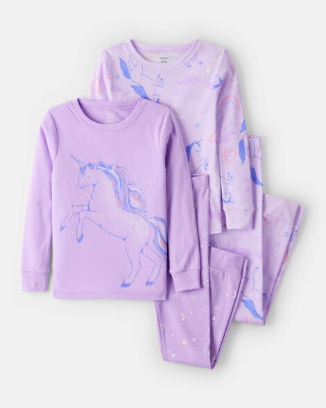 girls unicorn print 100% cotton long-sleeve 4-piece pajamas - purple