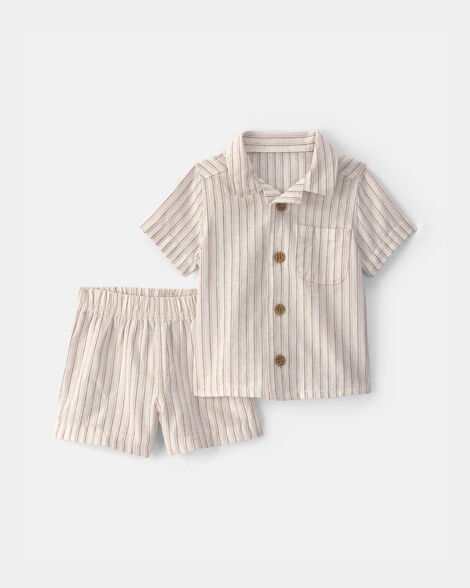 baby boy 2-piece striped top & short set - tan