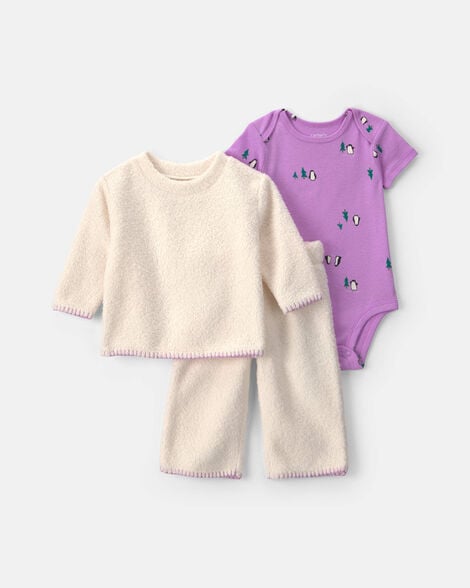 baby girl 3-piece fleece long-sleeve layering set - cream/purple